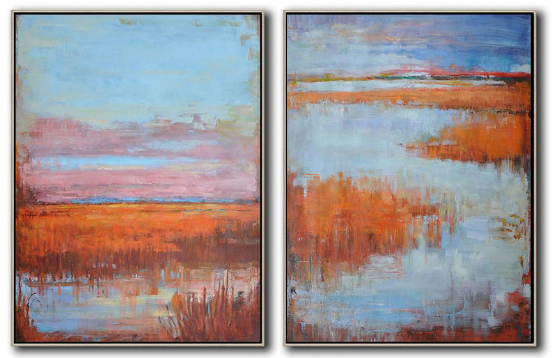 Extra Large Canvas Art,Set Of 2 Abstract Landscape Painting On Canvas, Free Shipping Worldwide,Abstract Painting Modern Art,Blue,Pink,Orange,Red